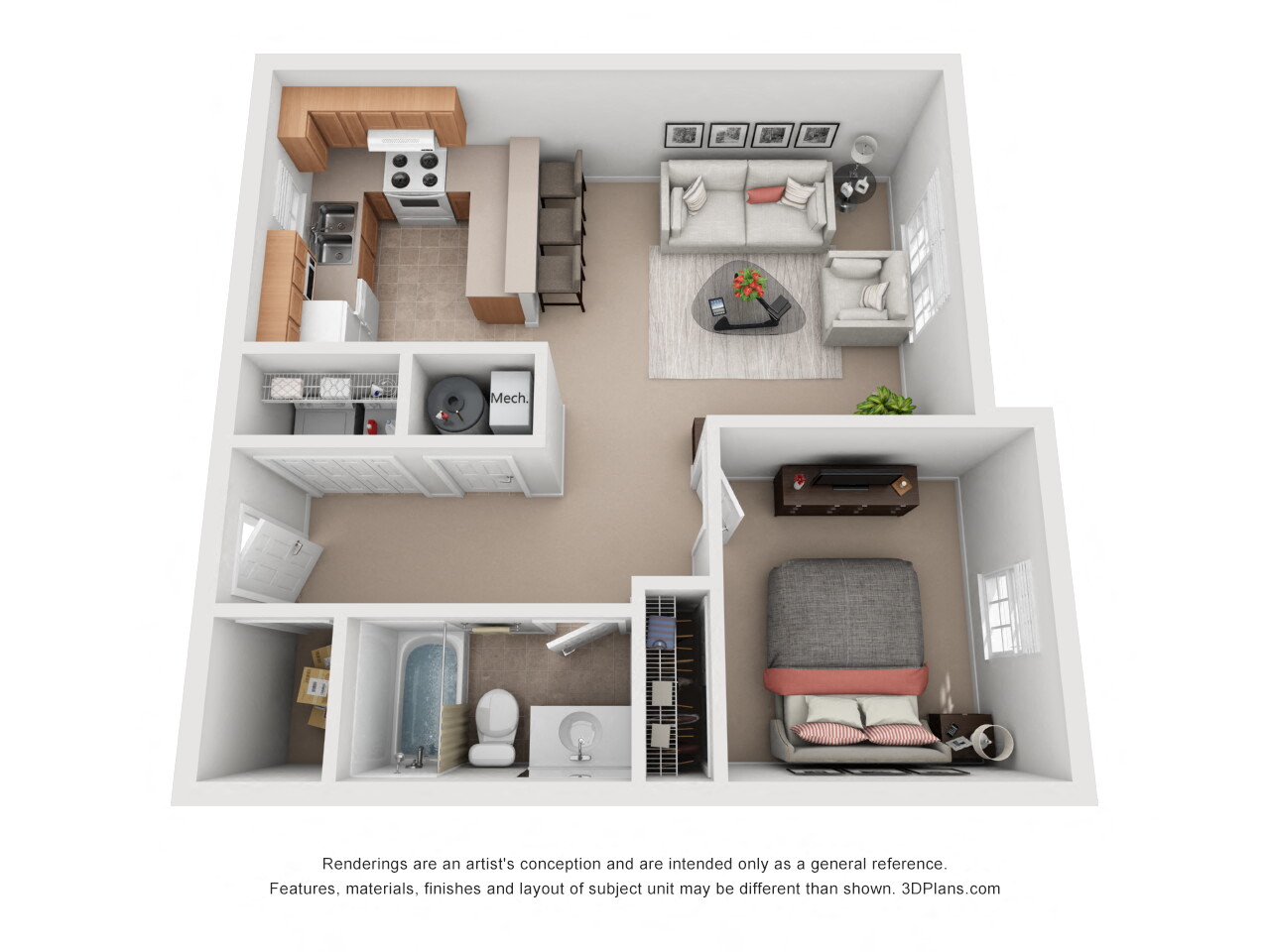 Floor plan for 1 bed, 1 bath, 705 sqft
